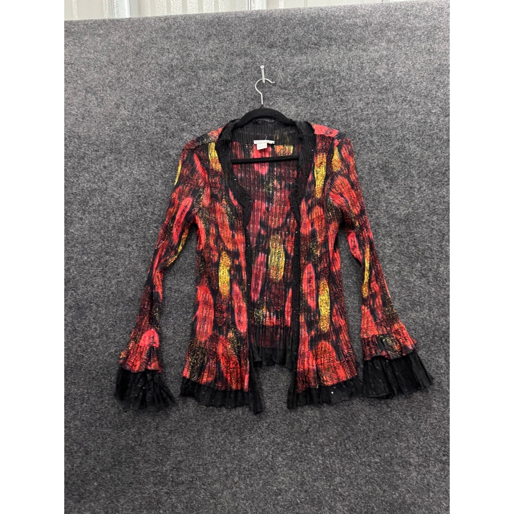 Alberto Makali Red Abstract Pleated Sequin Trim Cardigan Ruffle Lace Cuff L